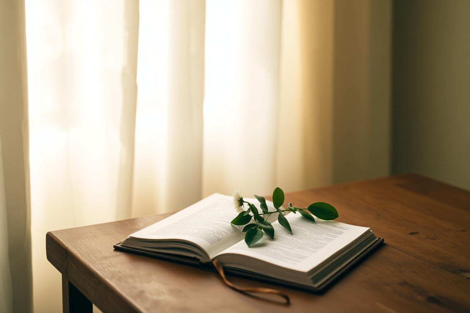 Livro aberto com folhas sage sobre uma mesa de madeira iluminada pela manhã